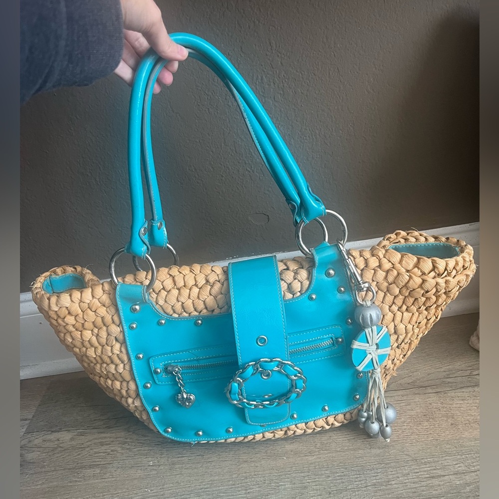 Turquoise Accent Woven Shoulder Bag with Decorative Charm